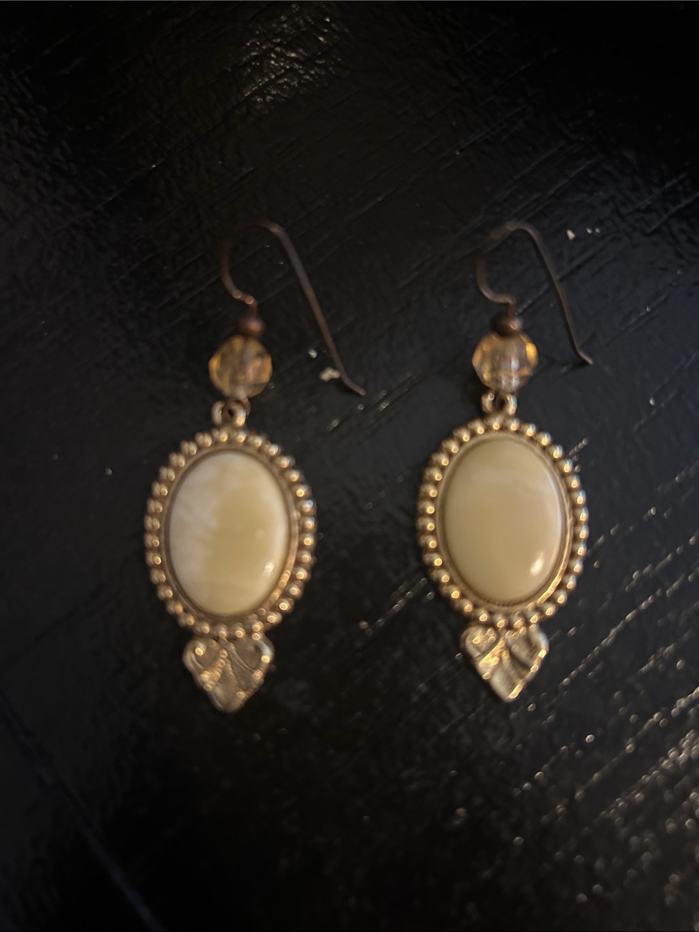 Gold-Tone Drop Earrings with Cream Oval Cabochons